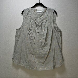 Rafaella Gray and White Sleeveless Blouse with Tie Front